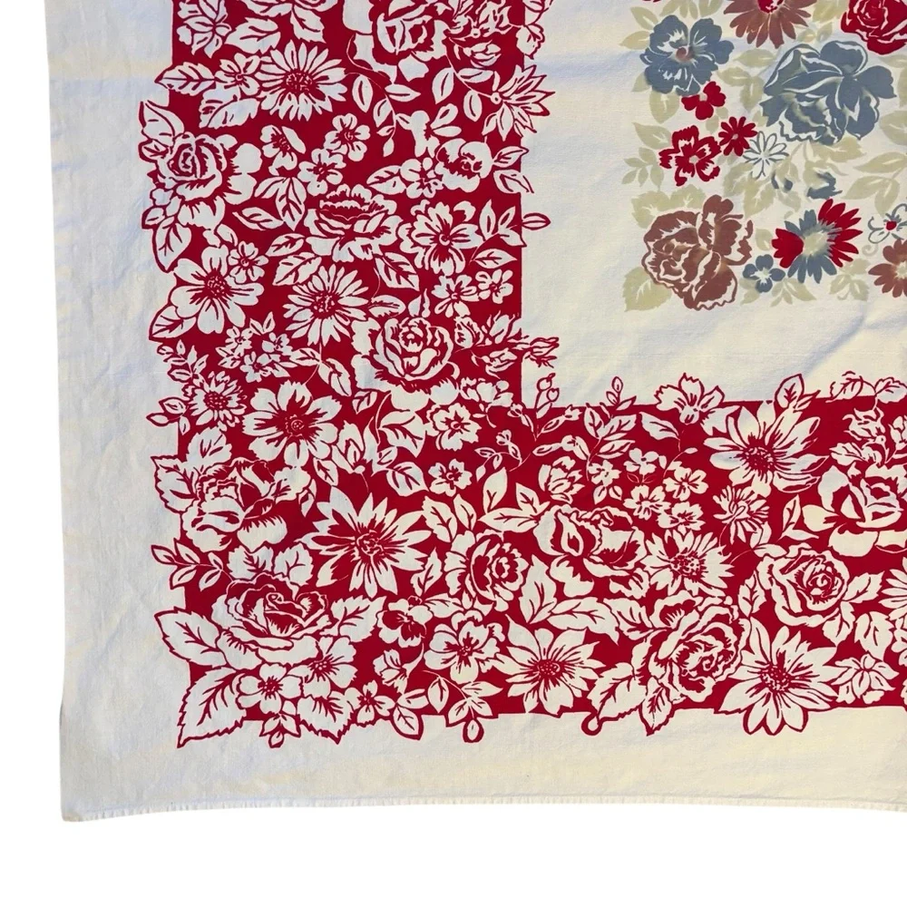 Vintage Mid Century Floral Tablecloth Red Blue 48x58 Cottagecore